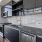a kitchen with a large window