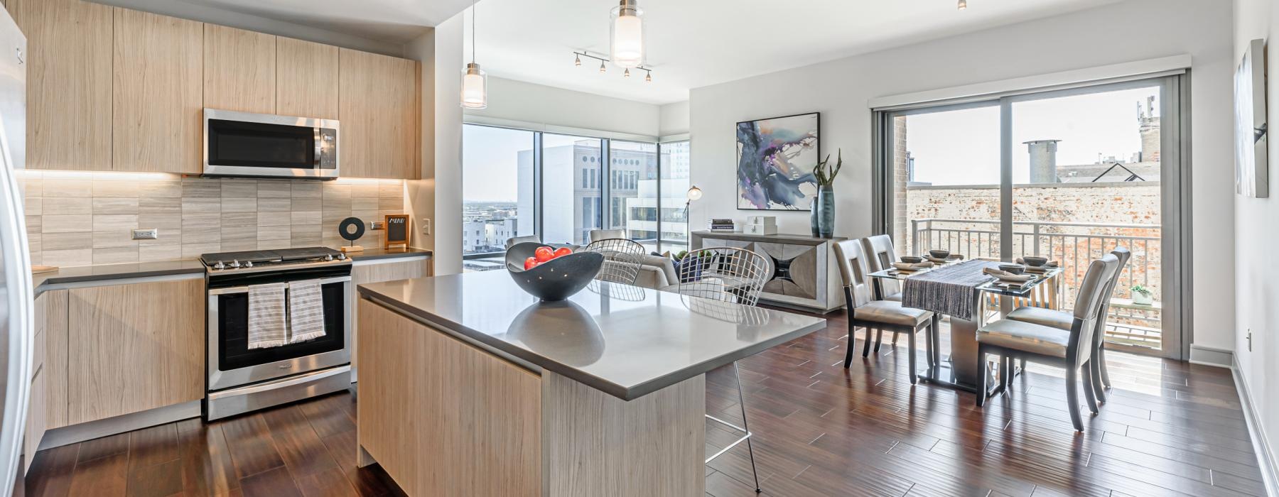 a kitchen with a large island