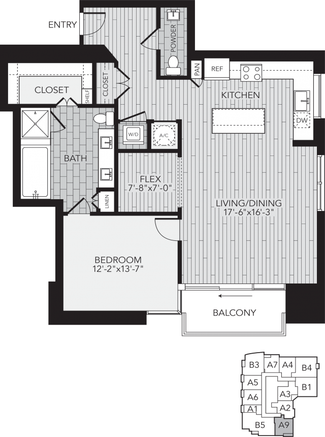 A9 Houston One Bedroom Apartment Floor Plan - Aris Market Square